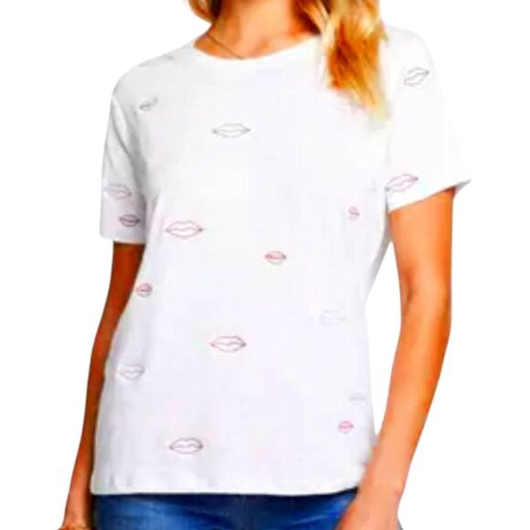 Chaser Shirt Linen Embroidered Lips Kiss White Pink Red Short Sleeve Sheer Top M - Picture 1 of 13